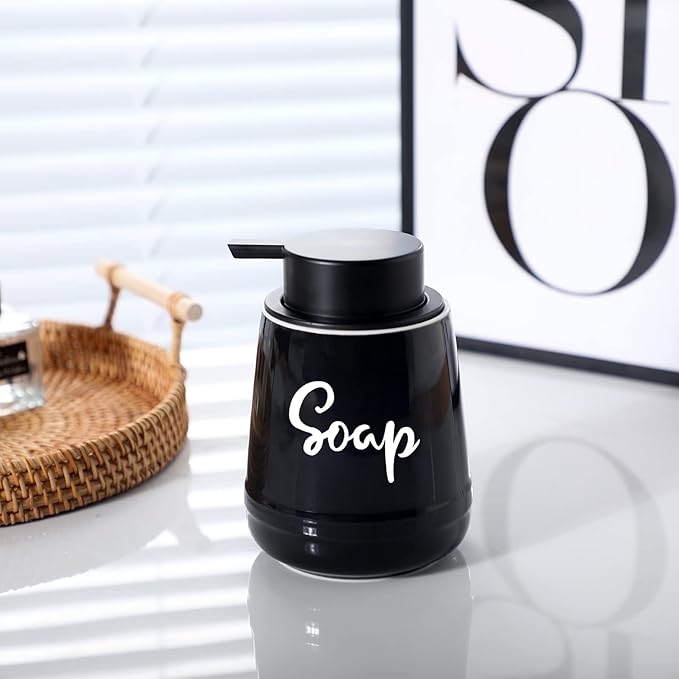 LEETOYI Bathroom Countertop Dispensers Modern Ceramic Soap Lotion Dispenser Bottles, Hand Soap Dispenser for Bathroom, Dish Soap Dispenser for Kitchen, Easy to Press Pump (Black, Labeled Soap)