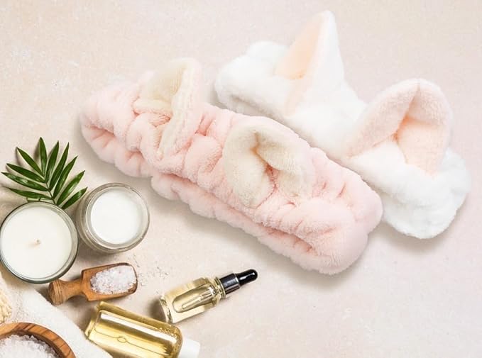 Huachi 2 Packs Cute Cat Ears Spa Headband for Washing Face Makeup Skincare, Kitty Animal Headbands for Women Girls Trendy Stuff Gifts Soft Coral Fleece Facial Wash Hair Accessories (White + Pink)