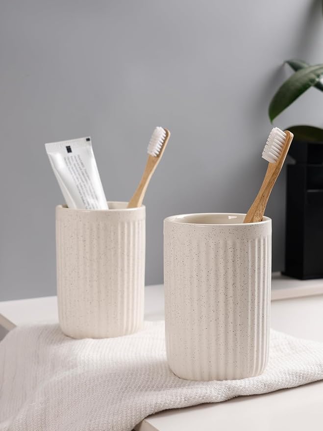 Bosilunlife Soap Dispenser and Toothbrush Holder Set - Dish Hand Soap Dispenser Bathroom Set Ceramic Bathroom Counter Soap Toothbrush Holder Set Beige Bathroom Accessories Set