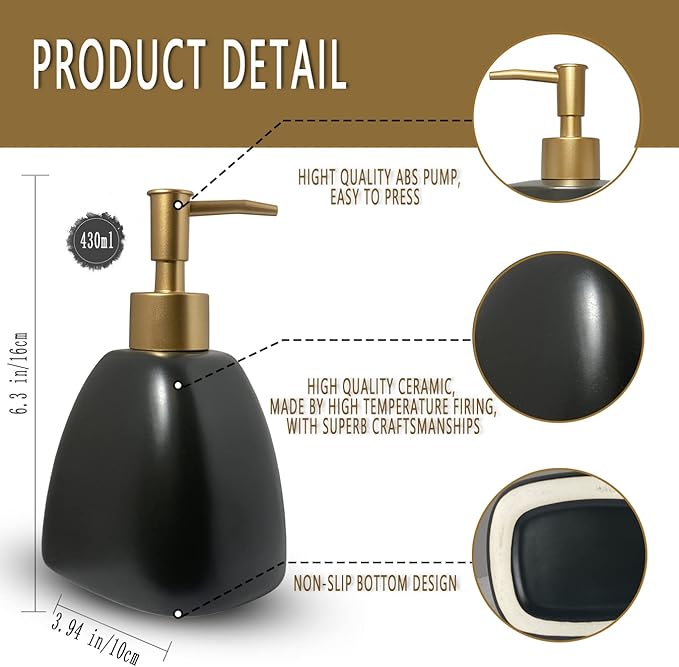 Liquid Soap Dispenser for Bathroom with Gold Pump,Dish Soap Dispenser for Kitchen,Refillable Countertop Lotion Ceramics Black Hand Soap Dispenser for Shower 430ml (Pyramid Matt Black Bottle)
