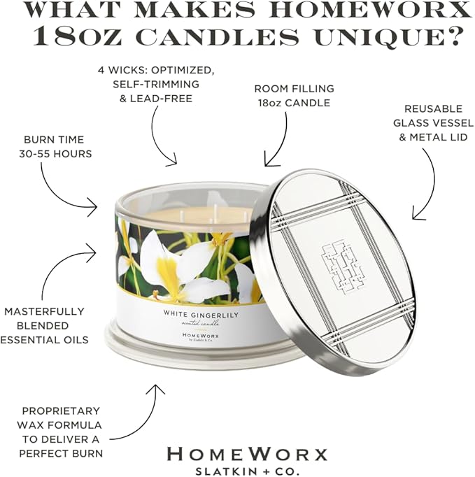 HomeWorx by SLATKIN + CO. Candle- White Gingerlily, 18 oz. Premium Scented Candle - 30-55 Hours Burn Time
