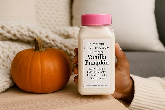 Carpet Deodorizer Powder – Vanilla Pumpkin Scent, Extra Strength Odor Eliminator, Pet & Kid Friendly, Non-Toxic, 16 oz