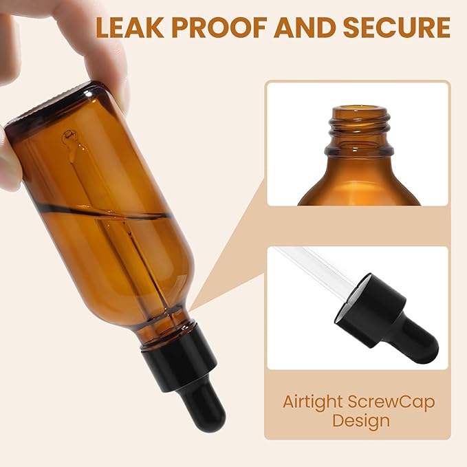 28 Pack 2oz Amber Glass Dropper Bottles Leakproof with Funnels, Eye Droppers, Extra Caps, Labels - Refillable UV Resistant 60ml Empty Bottles for Tinctures, Essential Oils, Beard, Hair Oil