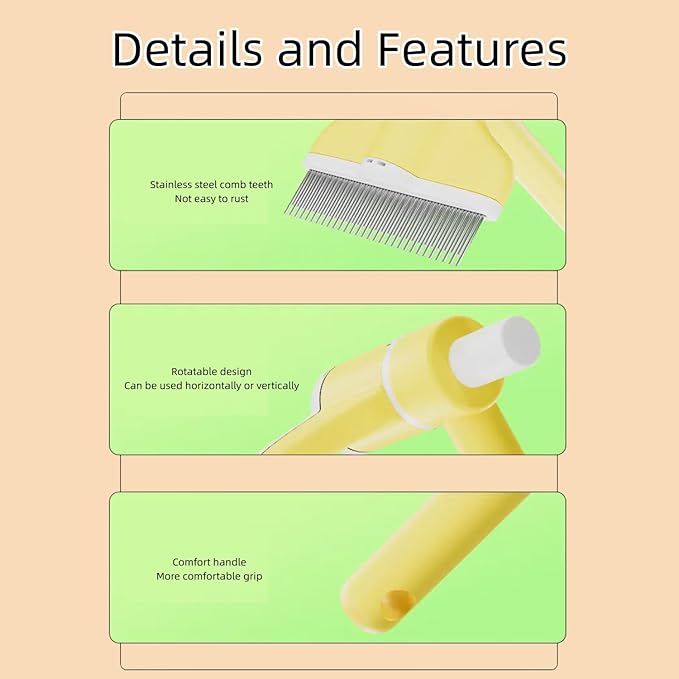 Cat Grooming Brush with 360° Rotating Head - Flea Comb & Hair Removal Brush for Indoor Cats, Anti-Static Stainless Steel Teeth & Ergonomic Grip Deshedding Care (Green and Yellow)