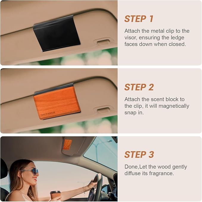 Car Air Freshener, Wood Air Freshener, Car Odor Eliminator for Visor Clip, Variety Scent Refill, Long Lasting - CLIP INCLUDED (Amber-Open Air-Teak)