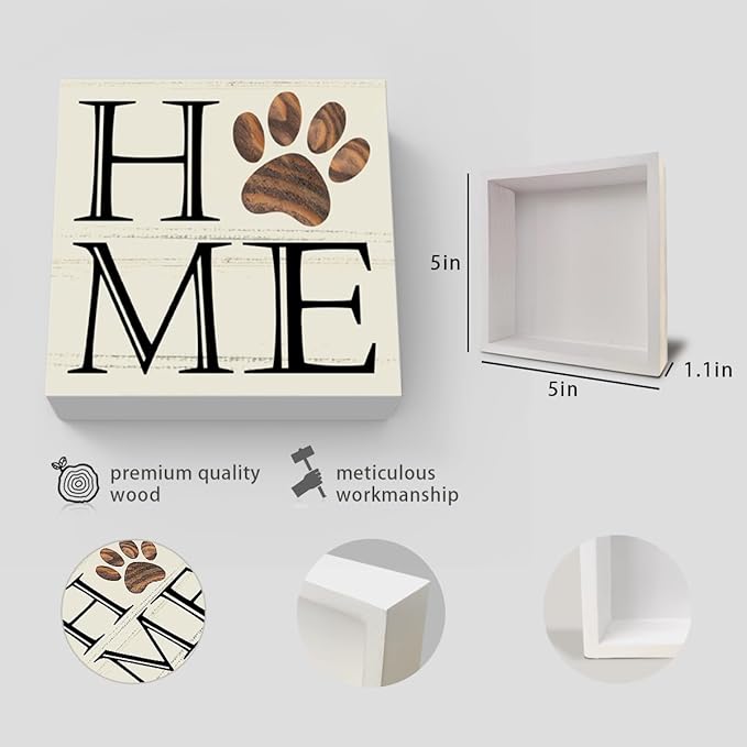 Dog Decor for The Home, Paw Print Home Pet Decor Wood Box Sign Block for Bedroom Shelf Tabletop Office Farmhouse, Dog Lovers Gift 5 x 5 Inch