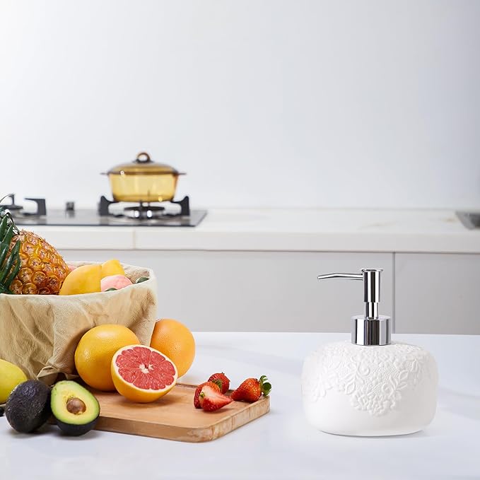 White Soap Dispenser, Ceramic Countertop Lotion Dispenser 14oz with Embossed Design, Bathroom Refillable Lotion Bottle for Shower Soaps Shampoo Kitchen Organization, ANTIS'S HOME