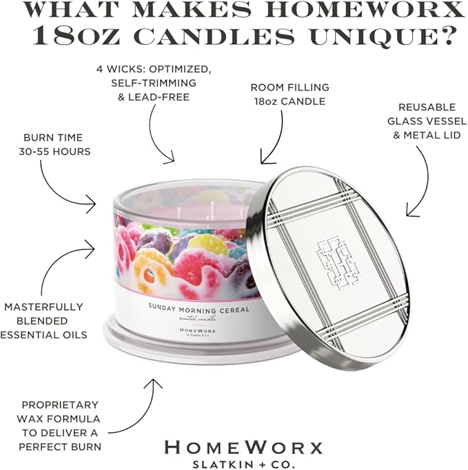 HomeWorx by SLATKIN + CO. Candle- Sunday Morning Cereal, 18 oz. Premium Scented Candle - 30-55 Hours Burn Time