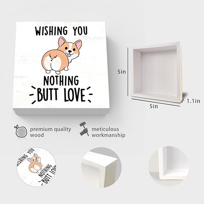 Corgi Gifts For Women, Christmas Corgi Dog Decorations, Funny Wishing For Nothing But Love Wood Box Sign Block for Shelf Tabletop Decor, Kitchen Office Farmhouse Bathroom Decor, 5 x 5 Inch