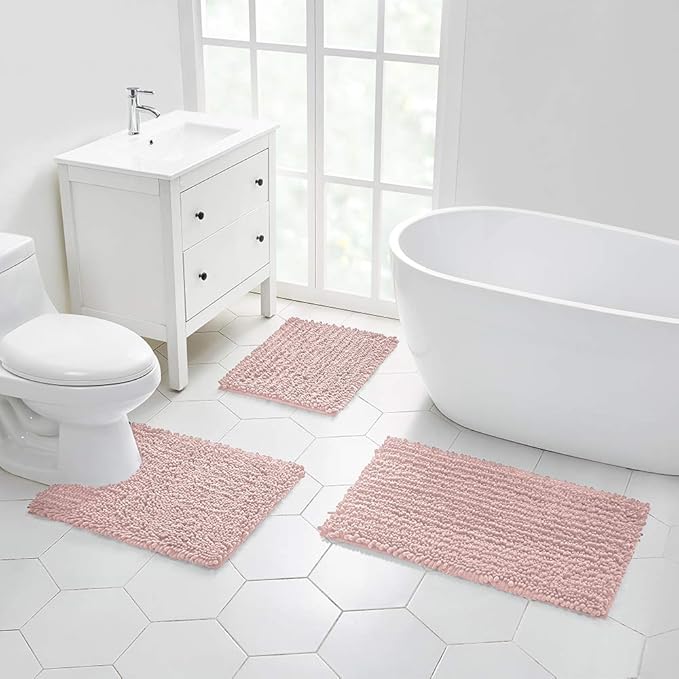 Walensee Bathroom Contour Rug Non Slip Toilet U Shaped Bath Mat (20x24, Dusty Pink) Water Absorbent Super Soft Shaggy Chenille Machine Washable Dry Extra Thick Perfect Absorbant Best Plush Carpet