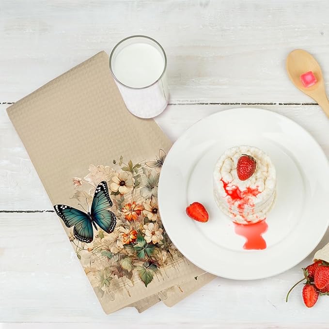 2 Pcs Vintage Floral Kitchen Towels, Artistic Butterfly Decorative Absorbent Microfiber Dish Cloth Tea Towel, Waffle Soft Hand Towels for Farmhouse Home Bathroom, Housewarming Gifts