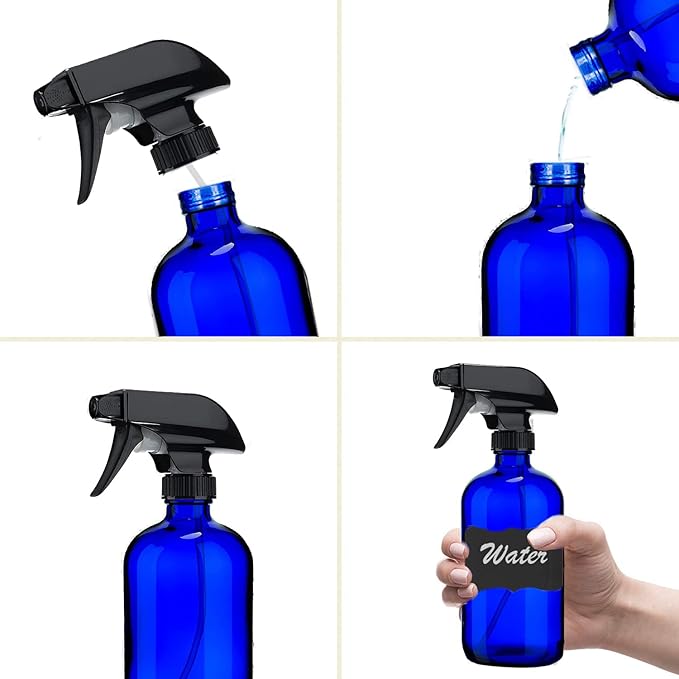 Blue Glass Spray Bottles For Cleaning Solutions (4 Pack) - 16 Ounce, Refillable Sprayer for Essential Oil, Water, Kitchen, Hair. Durable Black Trigger Sprayer w/Mist and Stream Settings (Blue)