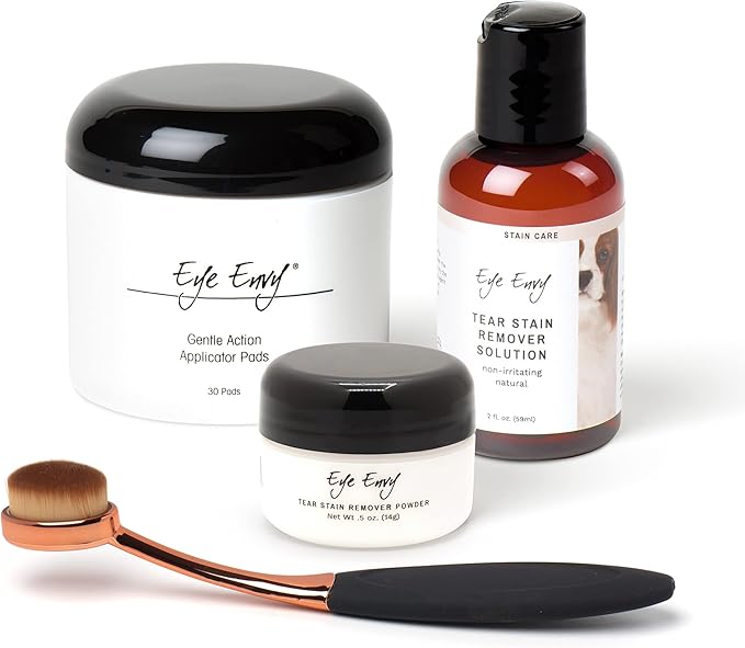 Eye Envy Dog Tear Stain Remover Starter Kit with ProPowder Brush | Stain Solution, Applicator Pads, Stain Powder and Large Applicator Brush | Lasts 30-45 Days