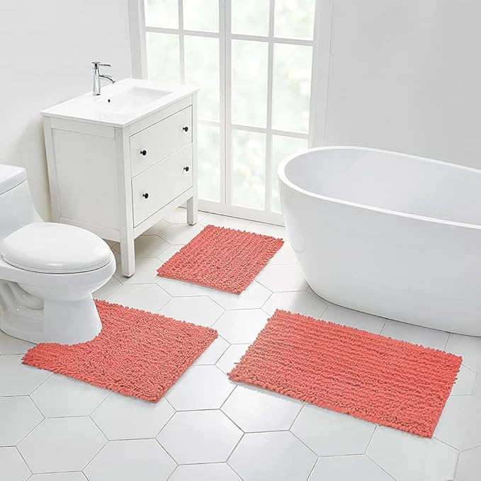 Walensee Bathroom Contour Rug Non Slip Toilet U Shaped Bath Mat (20x24, Coral) Water Absorbent Super Soft Shaggy Chenille Machine Washable Dry Extra Thick Perfect Absorbant Best Plush Carpet
