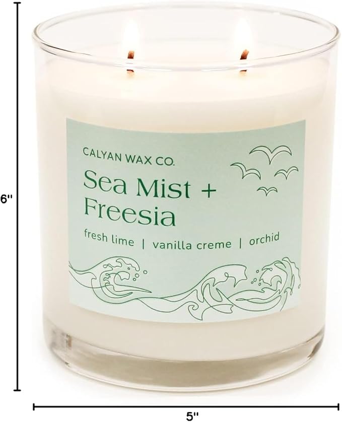 Calyan Wax Co. 2 Wick Candle, Sea Mist + Freesia Scented Candle, 37 Hour Burn Time, Aromatherapy Soy Candles, Non Toxic & Vegan Soy Wax, Glass Tumbler Scented Candles, 12.5oz