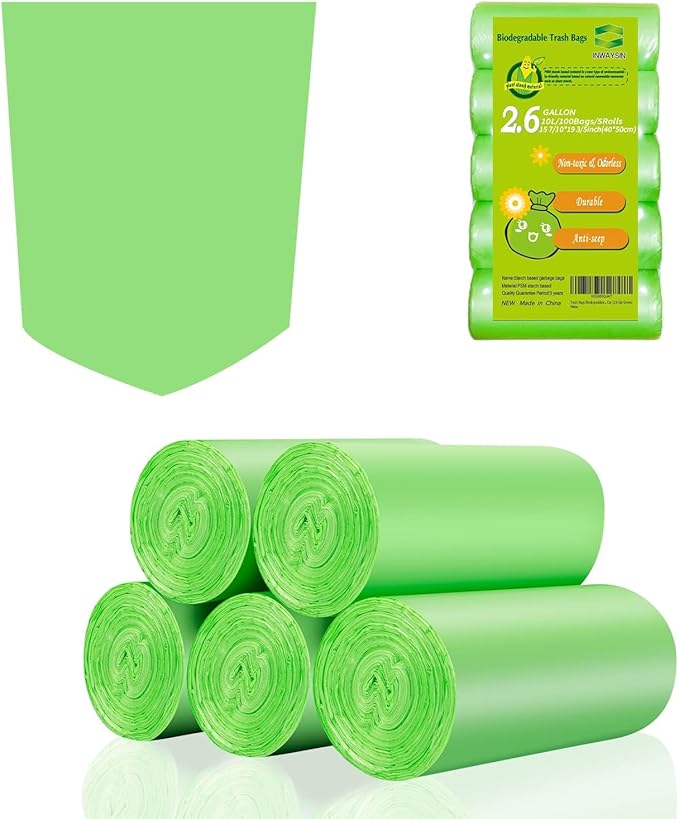 2-2.6 Gallon Trash Bags, Inwaysin Bathroom Garbage Bags, Biodegradable Small Trash Bags, Size Expanded, Clear Green, 10L, 100Bags