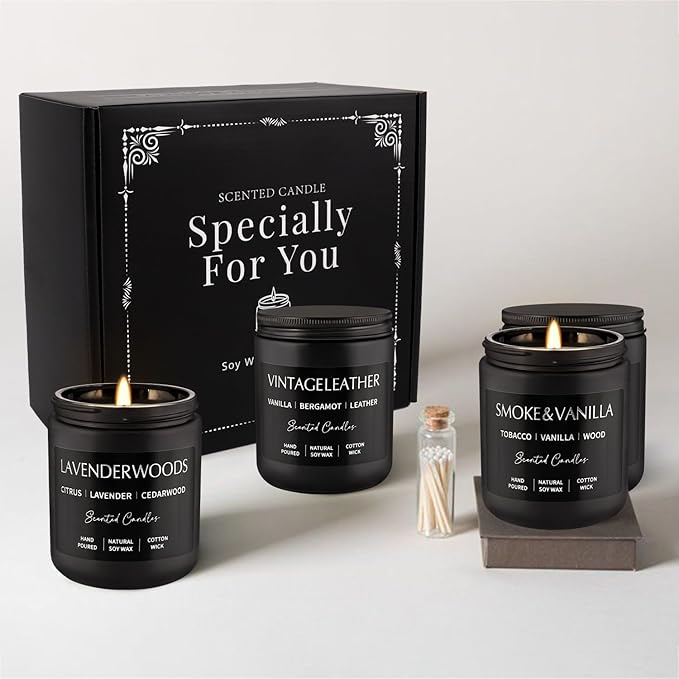 4Psc Scented Candles Set,7oz Gifts for Men Aromatherapy,Soy Candle of Smokeless - Leather & Smoke, Vanilla Oakmoss, Lavender - Relaxing Fragrance for Home, Office, Yoga(Black)