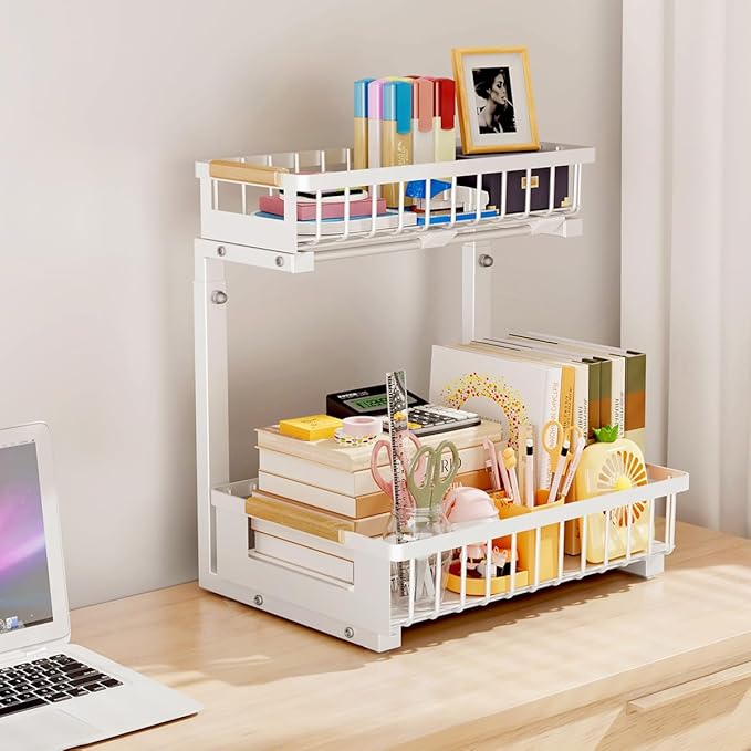 Under the Sink Organizer, 2 Tier Large Pull Out Under Sink Organizer Kitchen with Adjustable Height, Metal Under Cabinet Organizer and Storage for Counter Bathroom Vanity Laundry, White 1 Pack