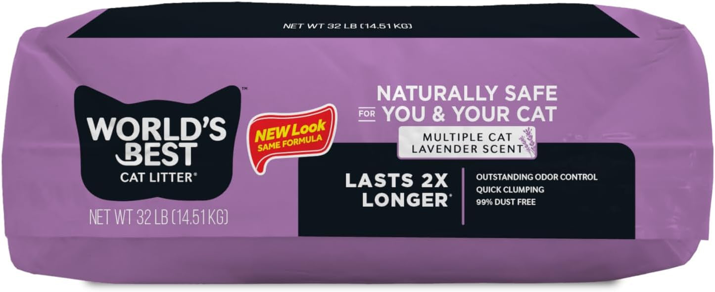 WORLD'S BEST CAT LITTER Multiple Cat Lavender Scented 32-Pounds - Natural Ingredients, Quick Clumping, Flushable, 99% Dust Free & Made in USA - Calming Fragrance & Long-Lasting Odor Control