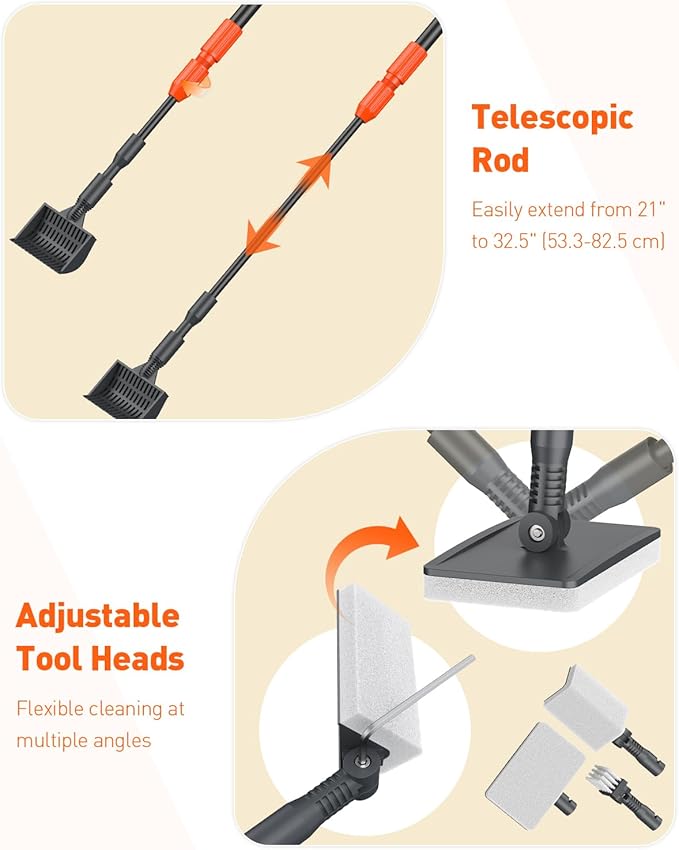 Pawfly Aquarium Cleaning Tools, 7 in 1 Fish Tank Cleaning Kit, Algae Scraper, Sponge Scrubber Pad, Brush, Gravel Rake & Fish Net with Adjustable Long Handle, Fish Tank Cleaner Set