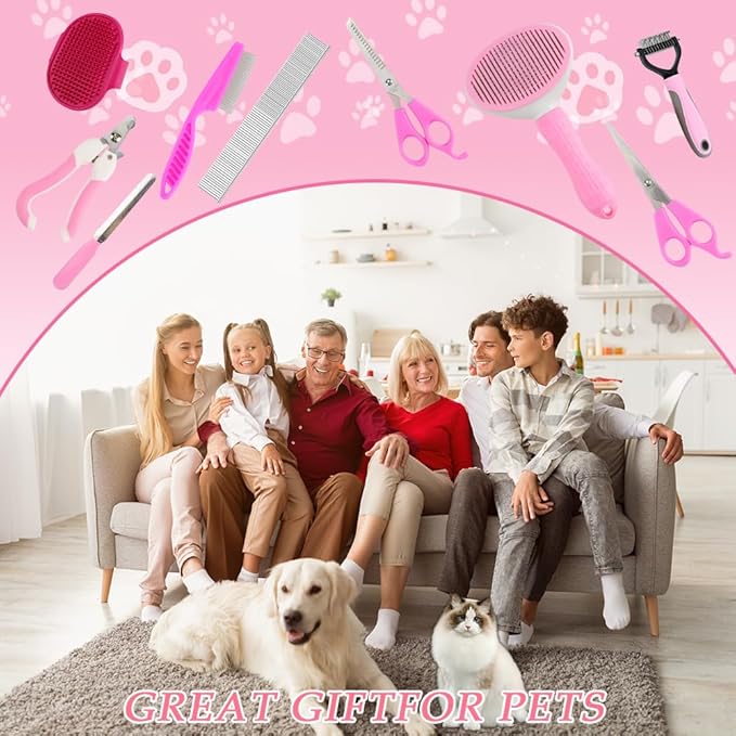 Dog Grooming Brush Shedding Kit, 10 Pcs All In One Pet Self Cleaning Kit with Slicker Brush, Deshedding Tool, Dog Grooming Scissors, Pet Nail Clippers and File for All Breeds of Dogs and Cats