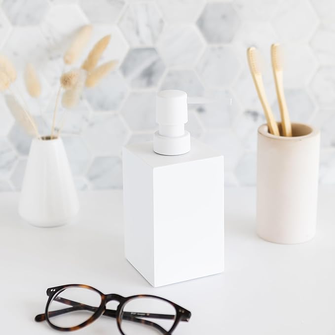 Matte White Soap Dispenser for Bathroom, 15oz Square Rustproof Liquid Hand Dish Soap Dispenser Pump for Kitchen Sink, Countertop, and Bathroom