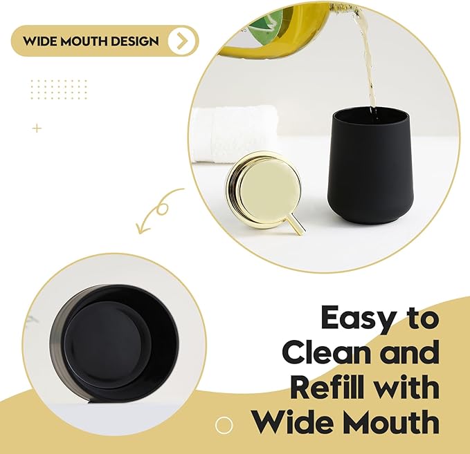 Matte Black and Gold Foaming Hand Soap Dispenser Plastic 11 oz - Modern Luxury Style for Bathroom & Kitchen Countertop Refillable