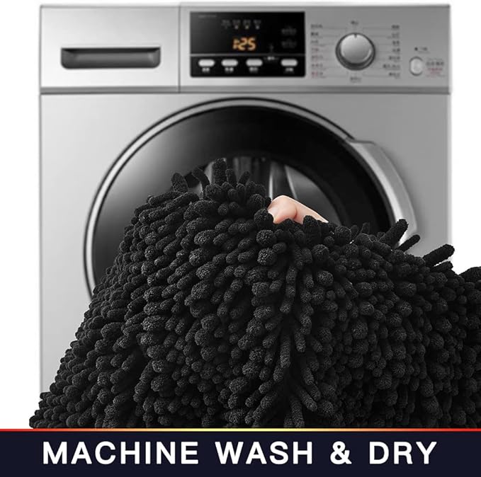 Walensee Bathroom Rug Non Slip Bath Mat (24x17 Inch Black) Water Absorbent Super Soft Shaggy Chenille Machine Washable Dry Extra Thick Perfect Absorbant Best Small Plush Carpet for Shower Floor