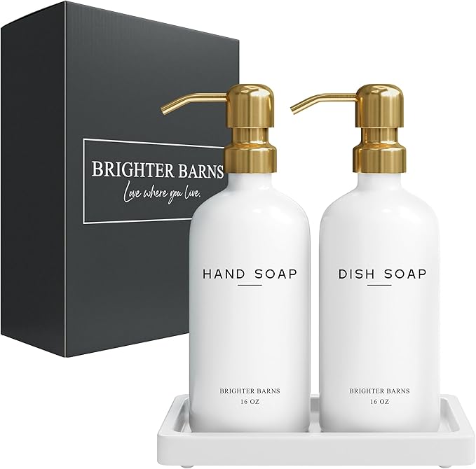 Luxury Glass Hand and Dish Soap Dispenser Set by Brighter Barns - Kitchen Soap Dispenser Set with Tray for Kitchen Sink - White and Gold Home Accessories & Decor for Restaurants, Airbnb, Gift (Gold)