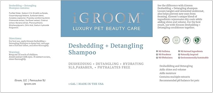 iGroom Deshedding & Detangling Dog Shampoo, Luxury Pet Beauty Care, Loosen Tangles + Unwanted Undercoat, Adds Shine + Volume, Made in USA (1 GAL)