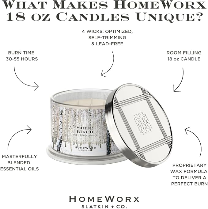 HomeWorx by SLATKIN + CO. Candle- White Birch, 18 oz. Premium Scented Candle - 30-55 Hours Burn Time