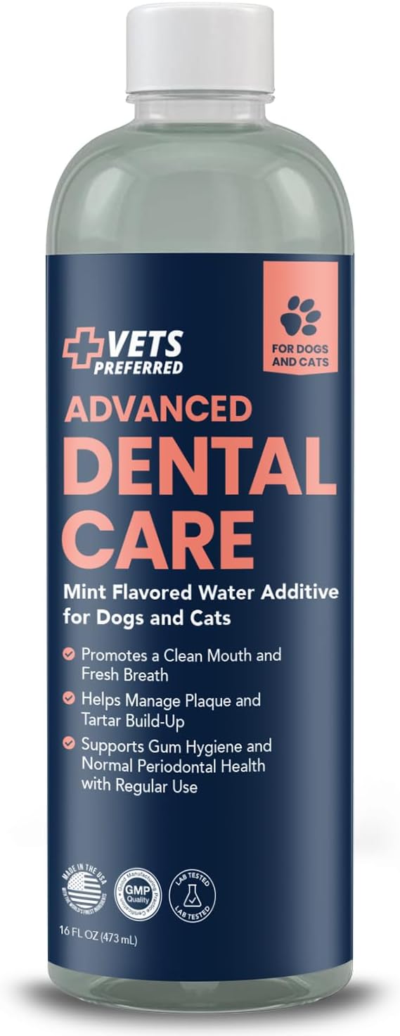 Vets Preferred Dog Breath Freshener & Water Additive for Dental Care – Fights Bad Breath, Removes Tartar & Plaque – Dog Mouthwash for Healthy Teeth & Gums, Gingivitis Support – Mint Flavor