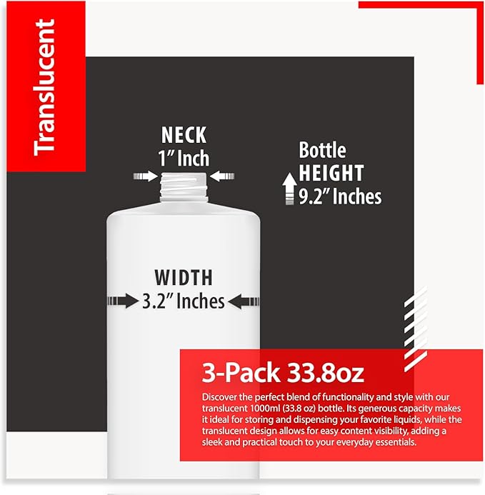Bar5F 33.8oz 3-Pack Large HDPE Plastic Bottles with 9 Caps in 3 Styles | Pump, Squeeze, Squirt | Shampoo, Conditioner, Condiments, Ketchup, Bleach, Cleaners, Alcohol, Food Safe | BPA-Free, 1 Liter