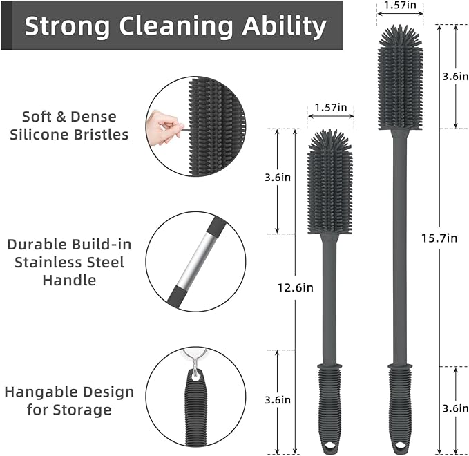 Silicone Bottle Cleaning Brush | 2 Pack|, 16”Long Water Bottle Brush Cleaner Brush for Cleaning Plastic & Metal Bottles,Coffee Cups,Thermos