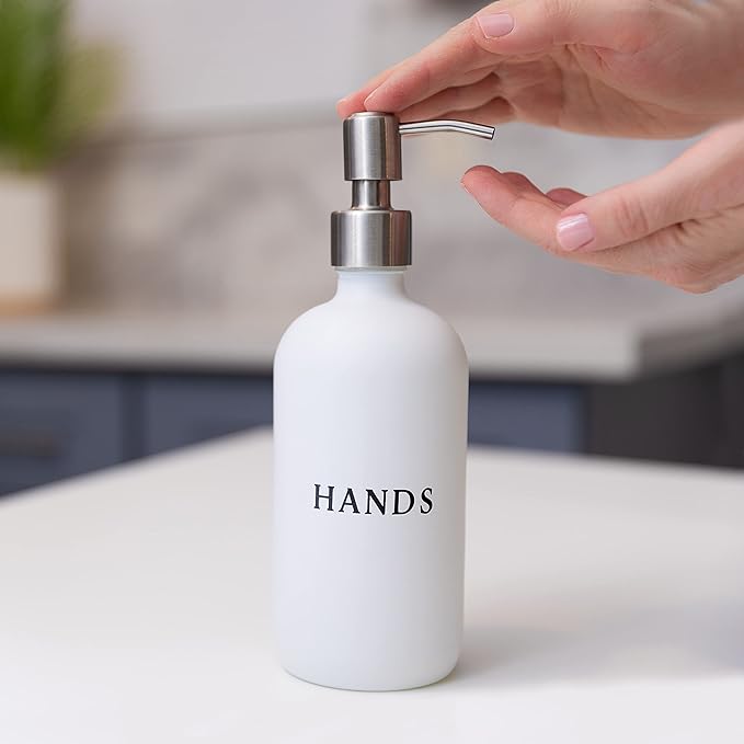 White Glass Hand and Dish Soap Dispenser Set - Modern Farmhouse Sink Accessories - 16 oz Kitchen Sink Set With Tray, Stainless Pumps & Funnel