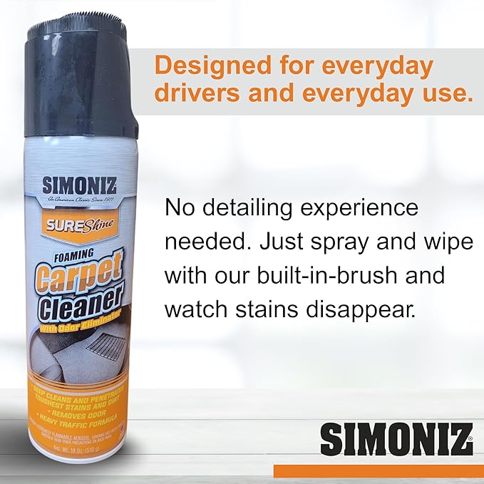 Simoniz Auto Stain & Odor Neutralizer - Fast-Acting Foam w/Built-In Stain Remover Brush - Deep Cleans Your Cars Rugs & Upholstery of Grease, Coffee, Milk, or Other Pesky Stains (New Car Scent)