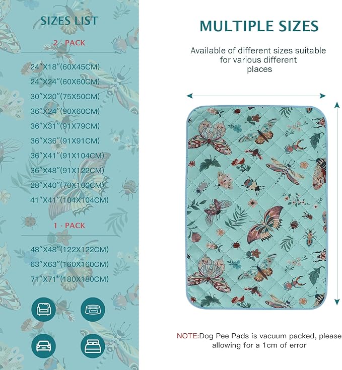 IEUUMLER Washable Pee Pads for Dogs, 2 Pack Insect Pattern Reusable Waterproof Puppy Potty Pads, Non-Slip Absorbent Pet Training Pads for Playpen Crate Bed EU014