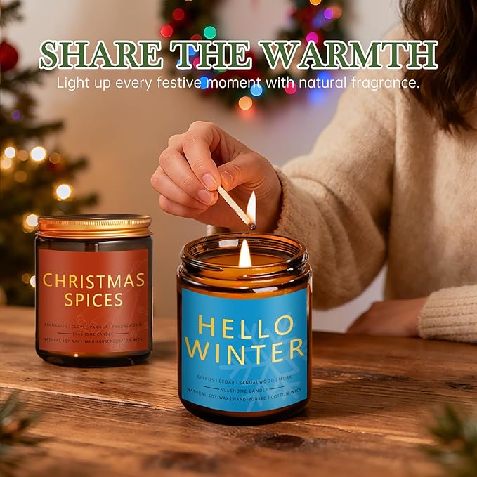 Christmas & Winter Candle Gift Set, 6 Pack 7oz Soy Scented Candles for Home, Holiday & Birthday Gift for Women & Men, Balsam Cedar, Christmas Cookies & Spices, Apple Cider, Hot Cocoa & Hello Winter