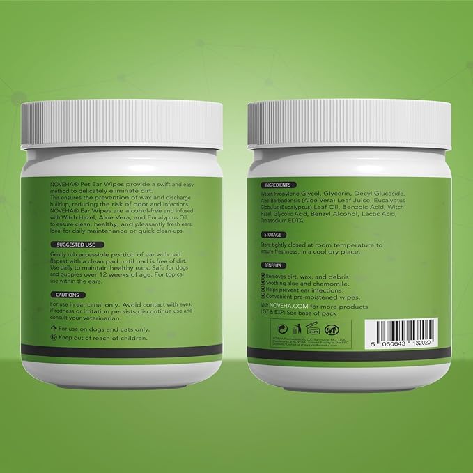 NOVEHA 300PCs Dog Ear Cleaner Wipes, Daily Ear Cleaner for Dogs & Cats - Stop Ear Itching with Aloe, Eucalyptus & Witch Hazel Ear Wipes for Dogs - for Odor Control, Dirt and Wax Removal, Unscented