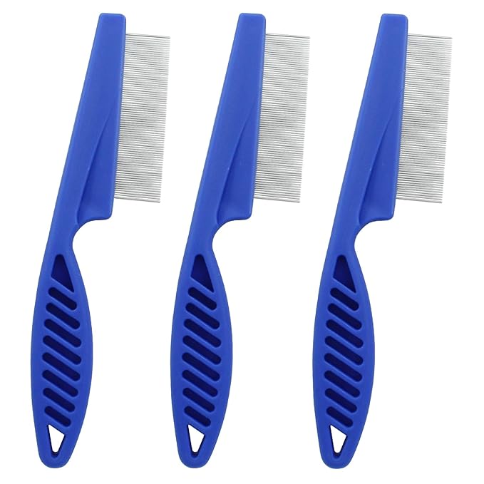 Flea Comb for Dogs and Cats, Metal Pet Lice Comb Fine Tooth Grooming Tool for Remove Anti Fleas and Flea Eggs(3pcs Blue)