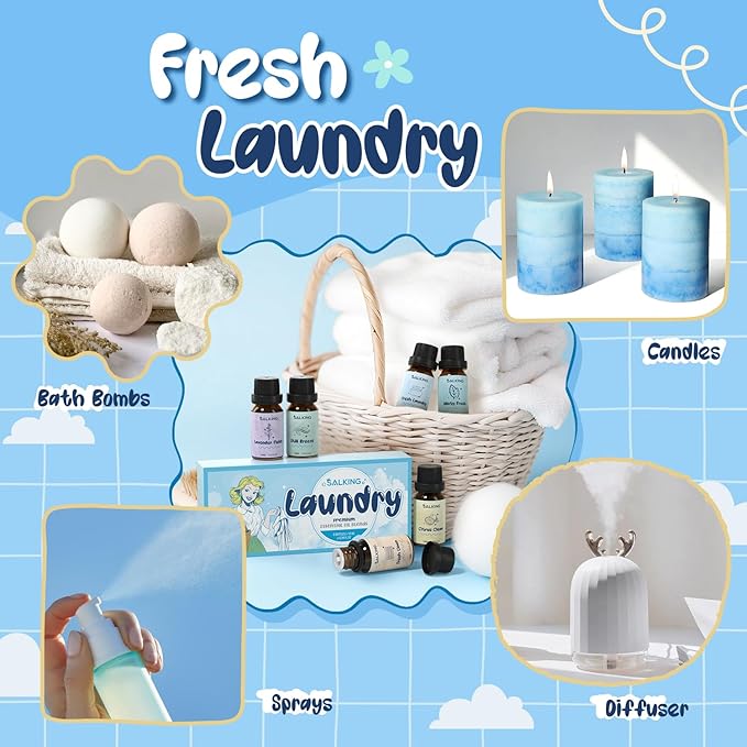 SALKING Laundry Collection Essential Oils Set, Pure Essential Oil for Diffuser, Clean Aromatherapy Fragrance Oil Gift Set, Use with Wool Dryer Balls, Citrus Clean, Lavender Fields, Still Breeze