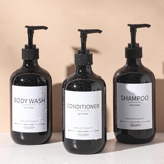 Stylish Shampoo Dispenser Bottles,(5Pack)16.9oz Black Shampoo Bottles Refillable with Pump,Shampoo and Conditioner Dispenser