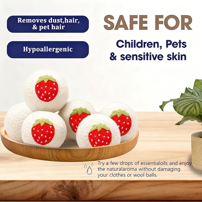 Wool Dryer Balls,New Zealand Wool Laundry Balls for Dryer (Pack of 6, Strawberry Handmade Pattern),Softens Clothes,Naturally Reduces Drying Time and Static Electricity