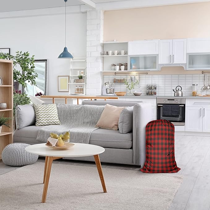 Swono Red Buffalo Plaid Travel Laundry Bag, Lumberjack Woodcutter Plaid Pattern Machine Washable Dirty Clothes Organizer, Large Enough to Hold 4 Loads of Laundry, Football Grid Oxford Cloth, Red Black