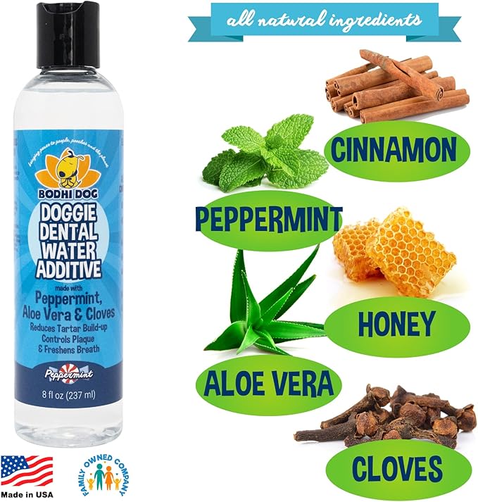 Bodhi Dog Peppermint Dental Water Additive for Dogs & Puppies - Freshens Breath, Reduces Tartar, Promotes Healthy Gums - Oral Care for Teeth & Breath - Supports Clean Mouth - Made in USA (8 Fl Oz)