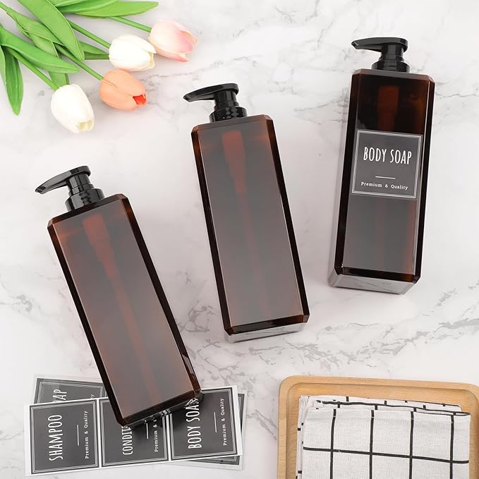 Segbeauty 33.8oz Amber Soap Dispenser Bathroom, 3pcs Plastic Soap Dispenser with Labels, Pump Bottles for Shampoo and Conditioner, 1000ml Large Square Lotion Pump Bottle Refillable Body Wash Container