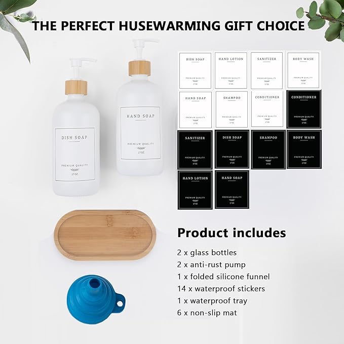 White Glass Soap Dispenser - Hand Dish Soap Dispenser Set for Kitchen, Bathroom with Sturdy Pump and Tray, 14 Waterproof Labels,Refillable Soap Lotion Dispenser-White