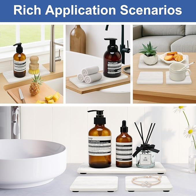 4 Pack Water Absorbing Stone Drying Tray for Bathroom Sink Trays Kitchen Counter Diatomite Stone Quick Dry Diatomaceous Earth Mat for Sink Kitchen Soap Trays Ceramic Marble Bathroom Vanity Tray