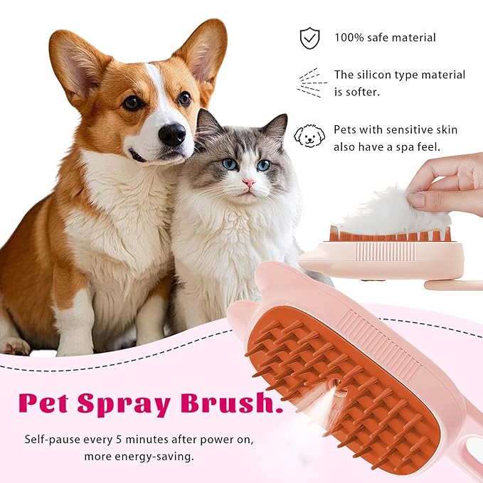 Cat Brush Cat Steam Brush Rechargeable Steamy Pet Grooming For Shedding, Water Spray Massage Brushs, Dog Hair Removal Self Cleaning Brushs Steamer Wet Spa Comb (Pink)