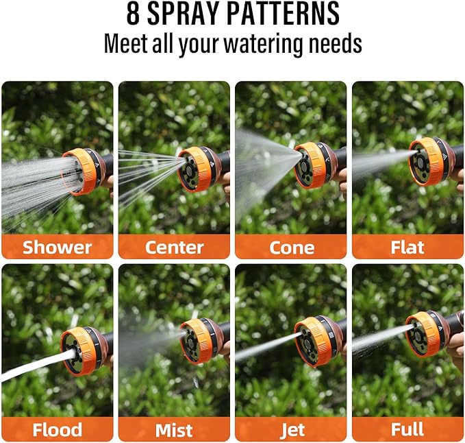Heavy Duty Garden Hose Spray Nozzle, Metal Water Hose Nozzle with 8 Spray Patterns, Hose Nozzle with Thumb Control On Off Valve for Lawn Watering, Car Washing, Pets Showering